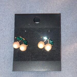 Cherry Earrings with Green Leaves